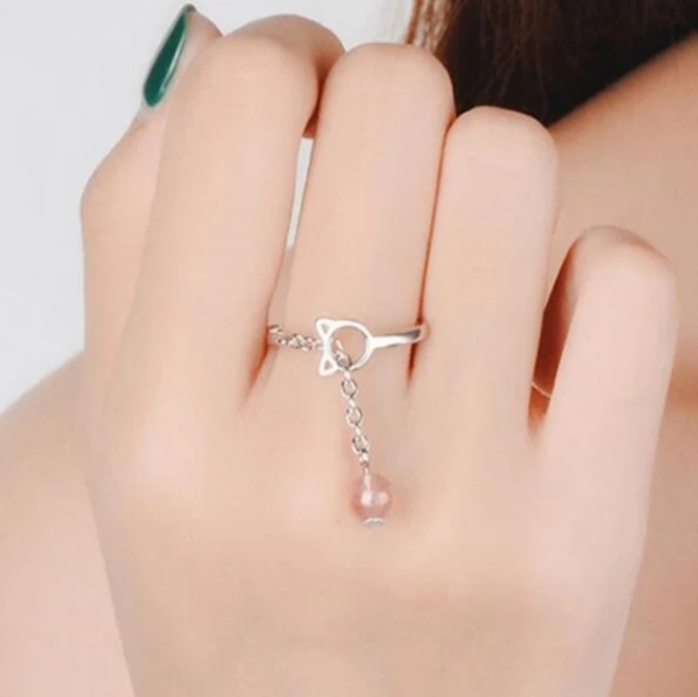 SOLD OUT - Silver Dangle Pink Moonstone Cat Ring - Picture 3 of 6